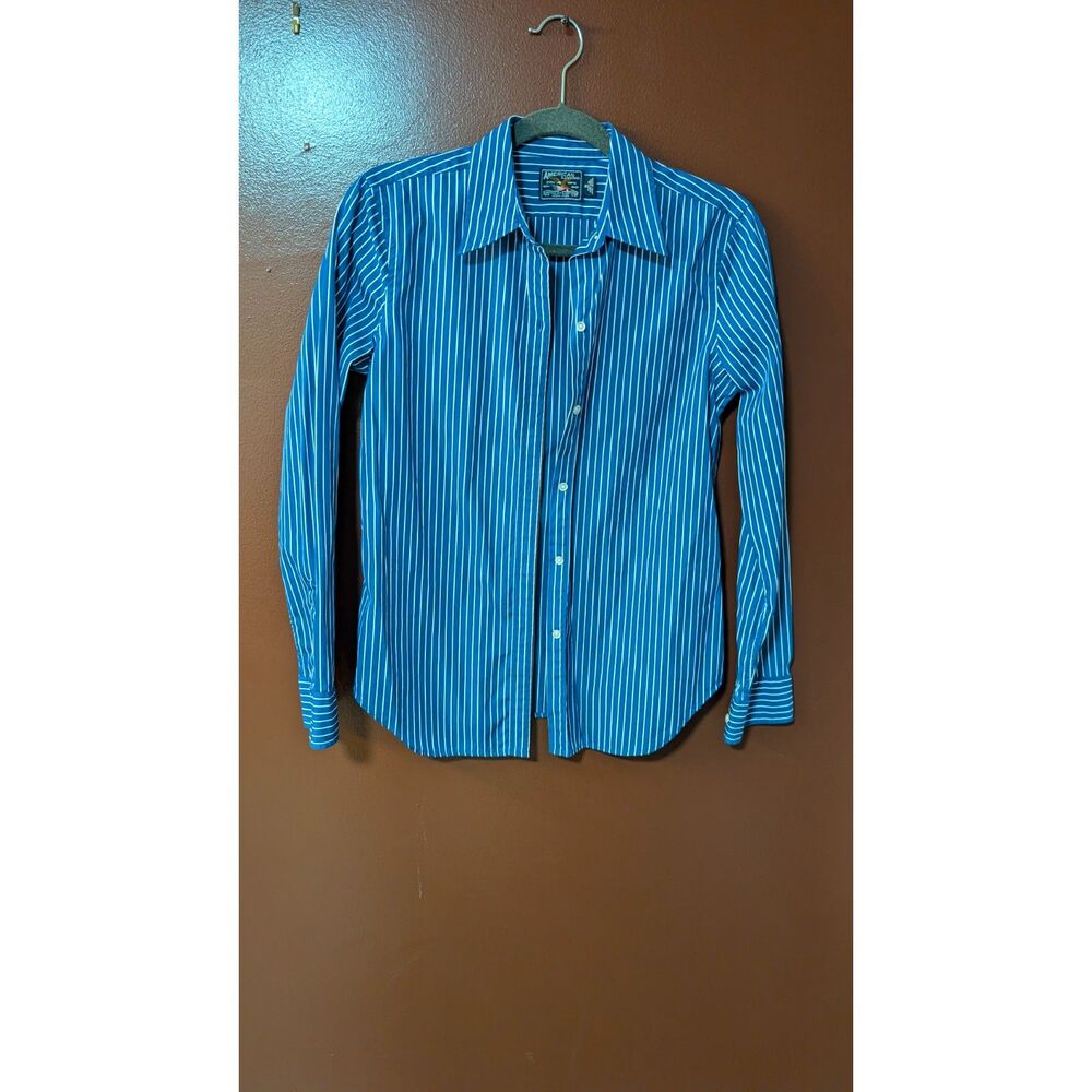American Living Women’s Small Blue White Pinstripe Button Down Shirt Preppy